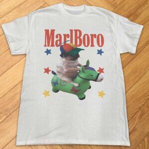 Marlboro Funny Cat Riding Toy Horse Graphic Tee White Cute Meme Style